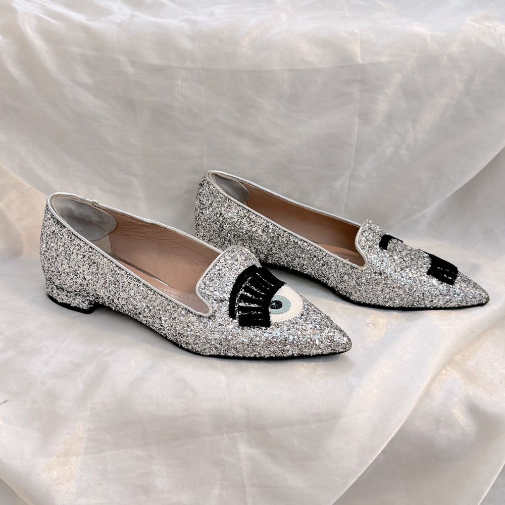 Chiara Ferragni Metallic Silver Pointed Toe Glitter Flats